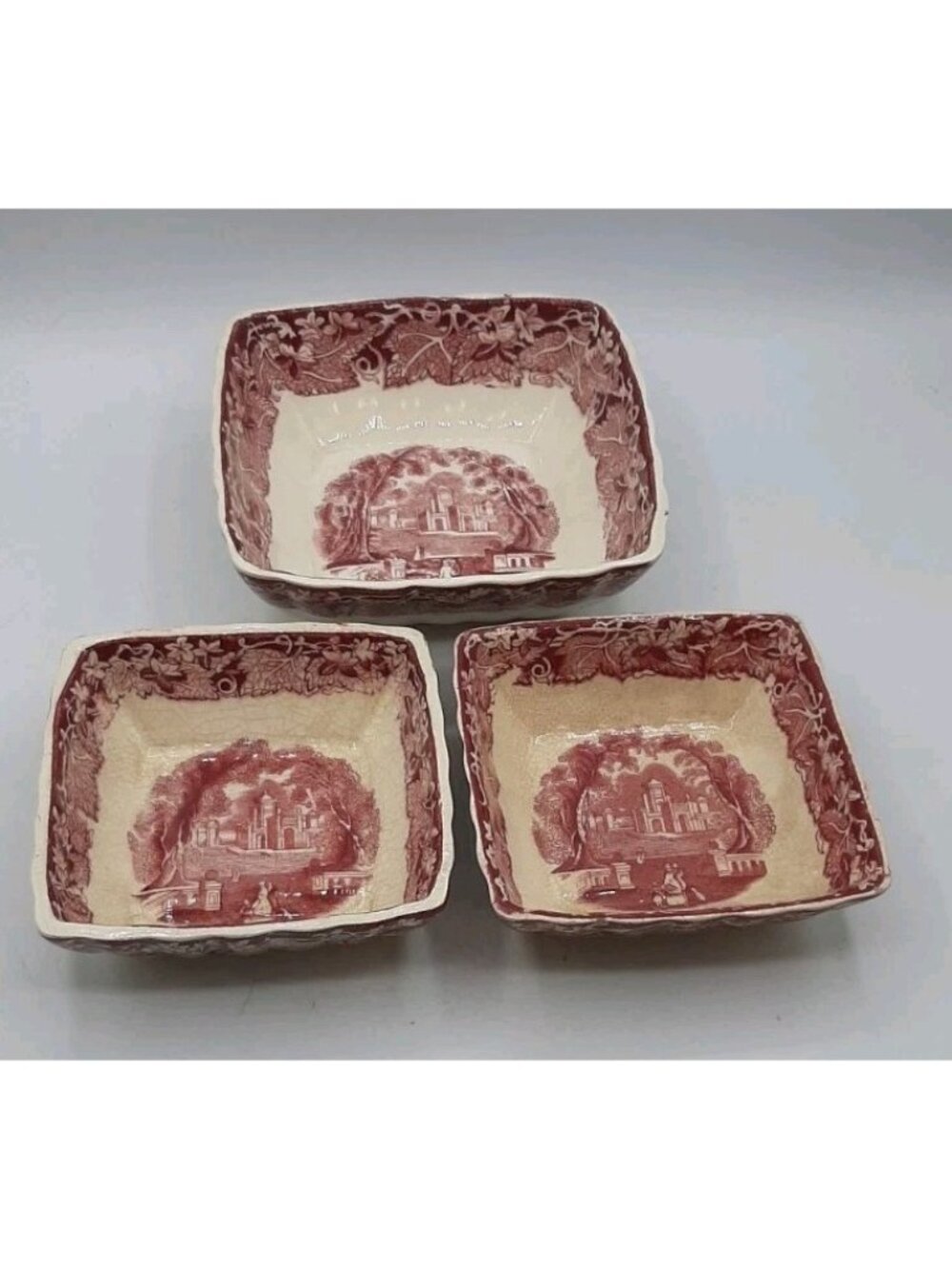 Vintage Mason's Vista Pink Red Transferware Square Dishes Set of 3 Lorne Berry